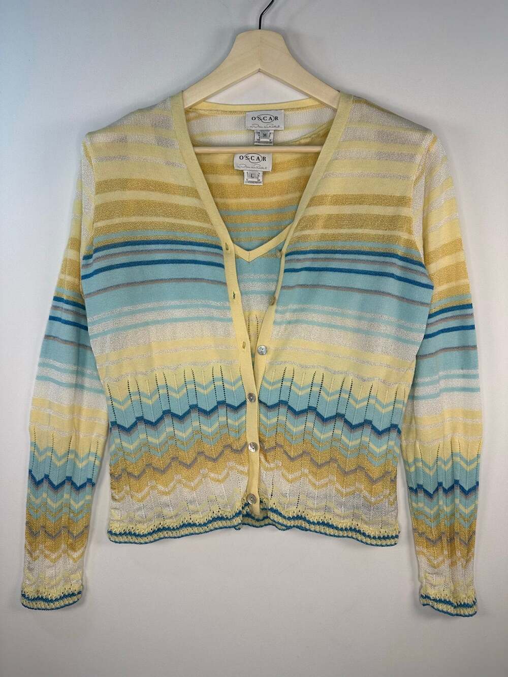 Oscar de La Renta Striped Cotton Rayon Cardigan Sweater Set